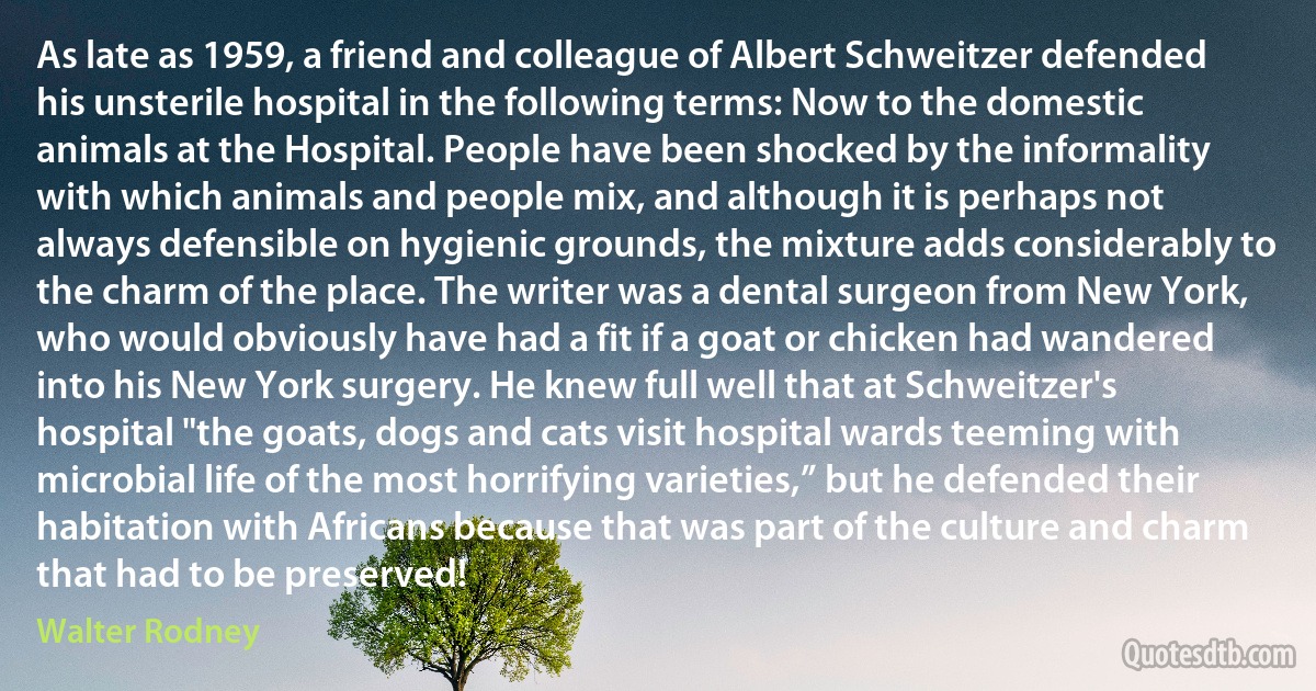 As late as 1959, a friend and colleague of Albert Schweitzer defended his unsterile hospital in the following terms: Now to the domestic animals at the Hospital. People have been shocked by the informality with which animals and people mix, and although it is perhaps not always defensible on hygienic grounds, the mixture adds considerably to the charm of the place. The writer was a dental surgeon from New York, who would obviously have had a fit if a goat or chicken had wandered into his New York surgery. He knew full well that at Schweitzer's hospital "the goats, dogs and cats visit hospital wards teeming with microbial life of the most horrifying varieties,” but he defended their habitation with Africans because that was part of the culture and charm that had to be preserved! (Walter Rodney)