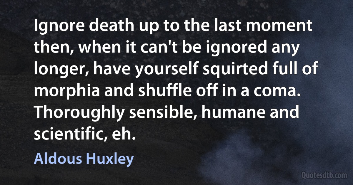 Ignore death up to the last moment then, when it can't be ignored any longer, have yourself squirted full of morphia and shuffle off in a coma. Thoroughly sensible, humane and scientific, eh. (Aldous Huxley)