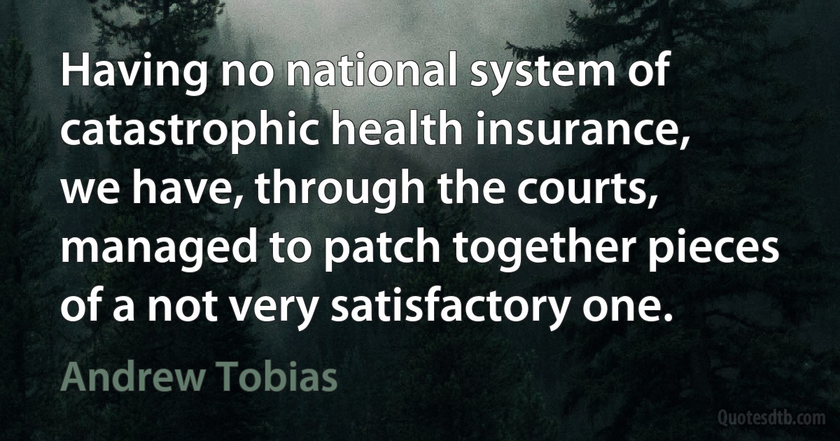 Having no national system of catastrophic health insurance, we have, through the courts, managed to patch together pieces of a not very satisfactory one. (Andrew Tobias)