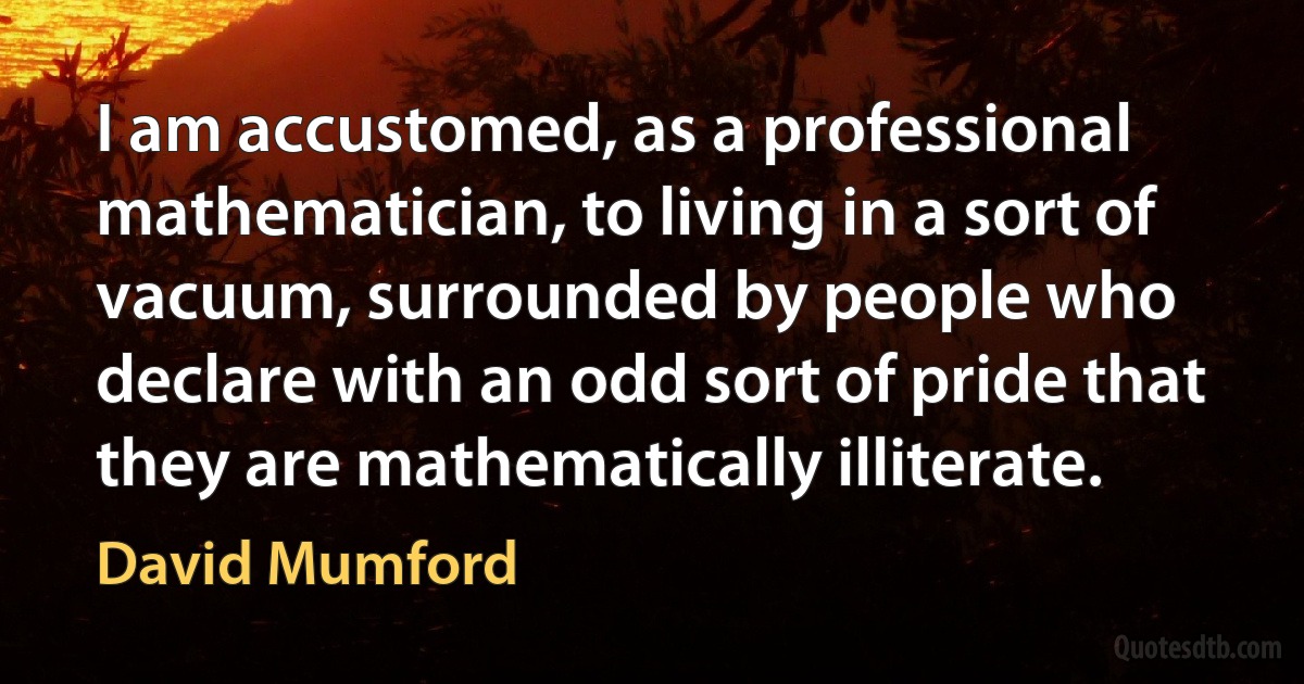 I am accustomed, as a professional mathematician, to living in a sort of vacuum, surrounded by people who declare with an odd sort of pride that they are mathematically illiterate. (David Mumford)