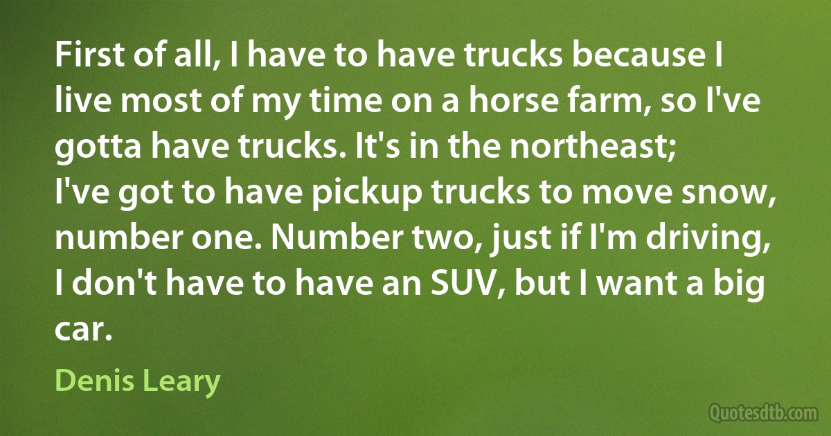 First of all, I have to have trucks because I live most of my time on a horse farm, so I've gotta have trucks. It's in the northeast; I've got to have pickup trucks to move snow, number one. Number two, just if I'm driving, I don't have to have an SUV, but I want a big car. (Denis Leary)