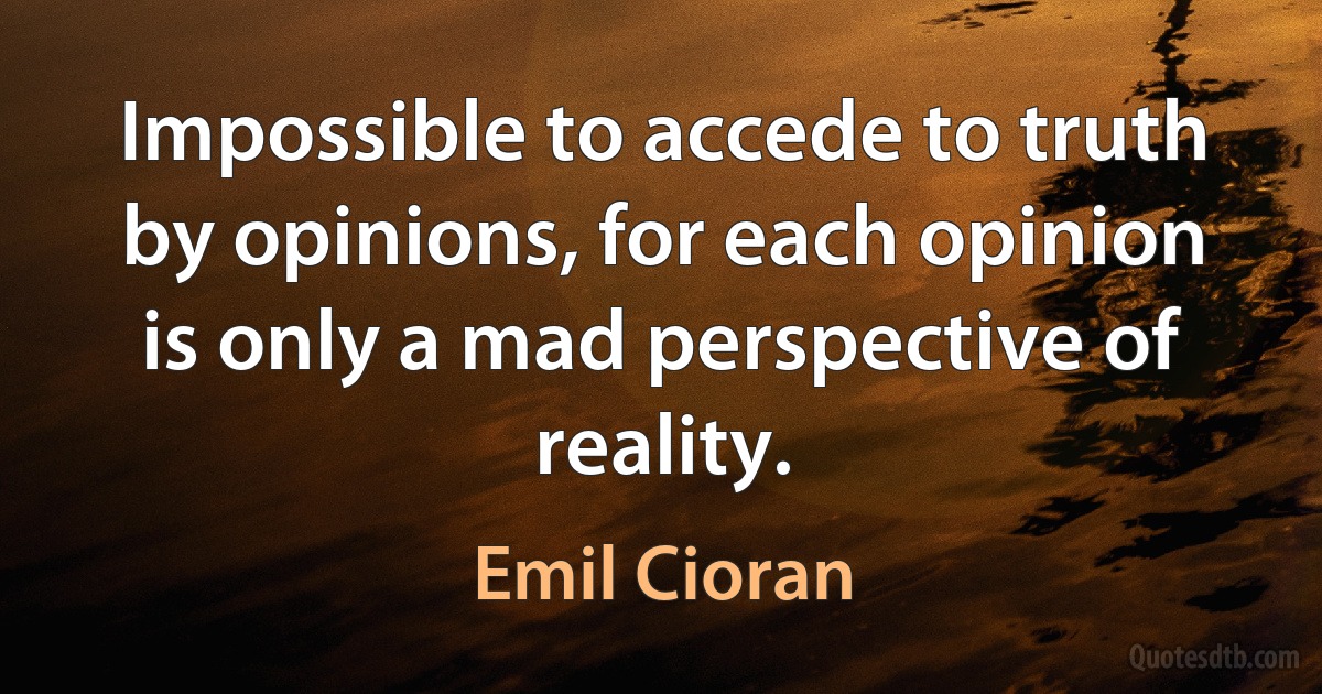 Impossible to accede to truth by opinions, for each opinion is only a mad perspective of reality. (Emil Cioran)