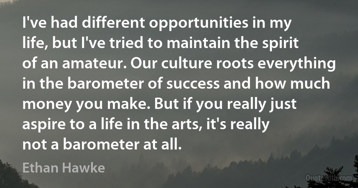 I've had different opportunities in my life, but I've tried to maintain the spirit of an amateur. Our culture roots everything in the barometer of success and how much money you make. But if you really just aspire to a life in the arts, it's really not a barometer at all. (Ethan Hawke)