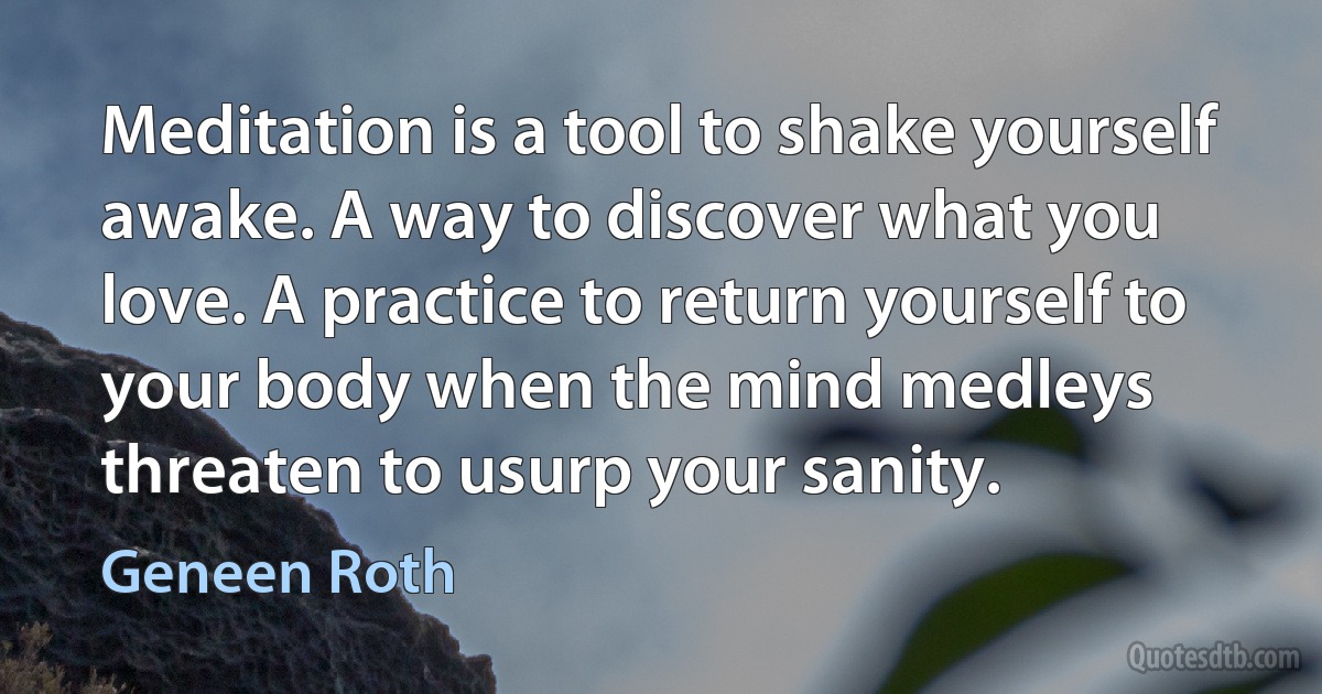 Meditation is a tool to shake yourself awake. A way to discover what you love. A practice to return yourself to your body when the mind medleys threaten to usurp your sanity. (Geneen Roth)