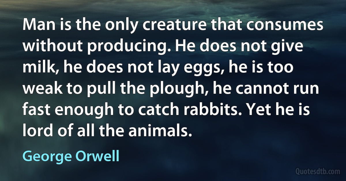 Man is the only creature that consumes without producing. He does not give milk, he does not lay eggs, he is too weak to pull the plough, he cannot run fast enough to catch rabbits. Yet he is lord of all the animals. (George Orwell)