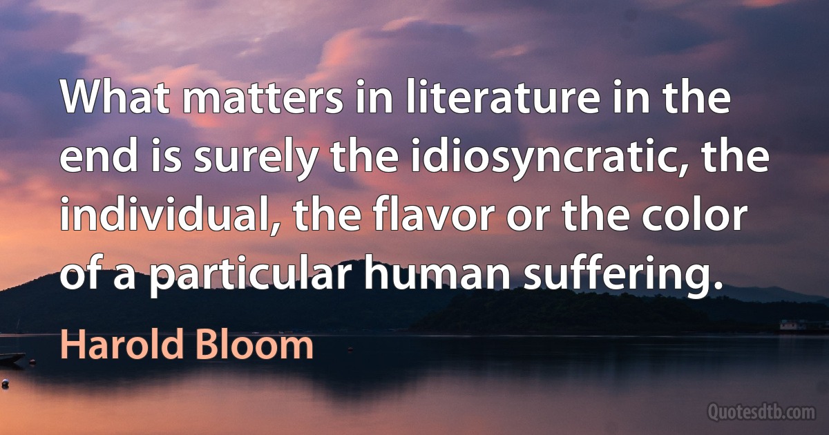 What matters in literature in the end is surely the idiosyncratic, the individual, the flavor or the color of a particular human suffering. (Harold Bloom)