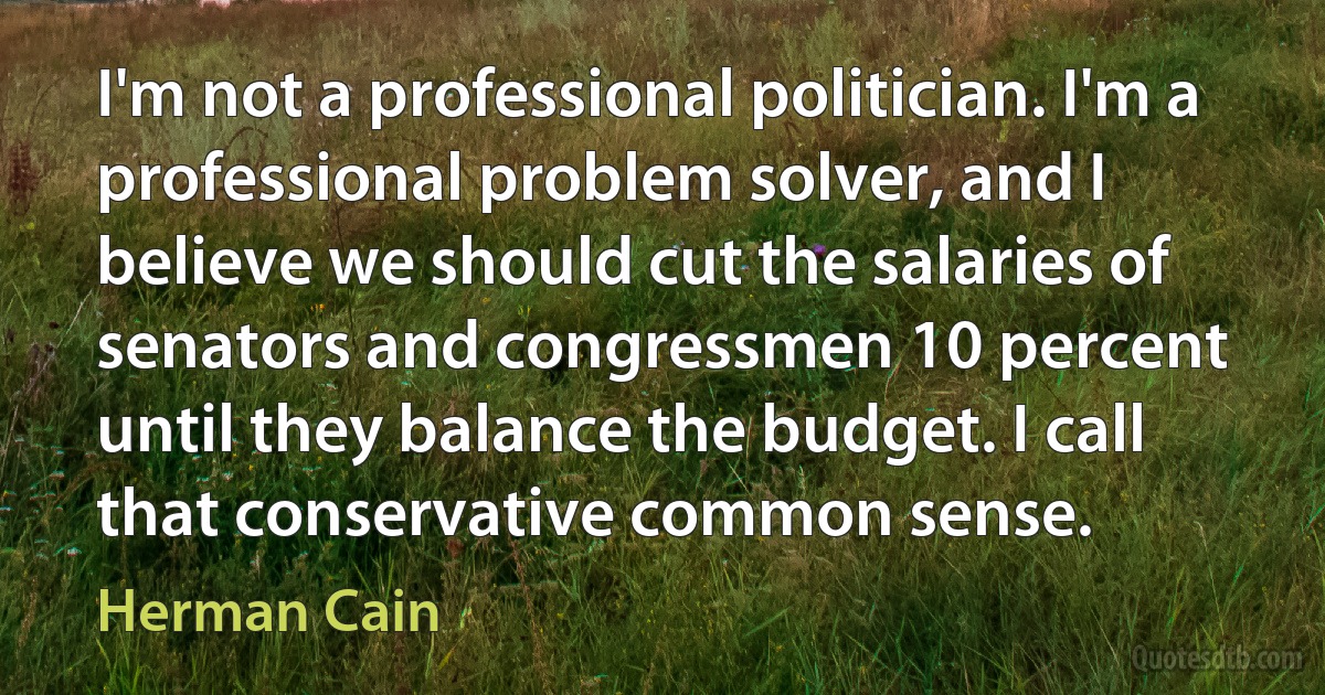 I'm not a professional politician. I'm a professional problem solver, and I believe we should cut the salaries of senators and congressmen 10 percent until they balance the budget. I call that conservative common sense. (Herman Cain)