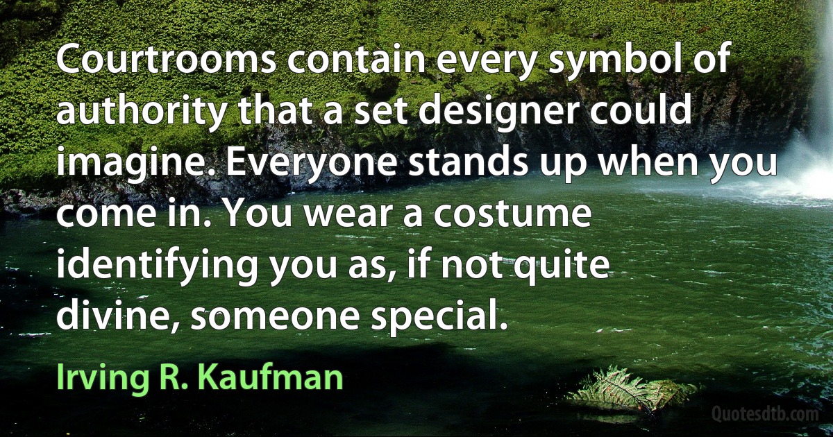 Courtrooms contain every symbol of authority that a set designer could imagine. Everyone stands up when you come in. You wear a costume identifying you as, if not quite divine, someone special. (Irving R. Kaufman)