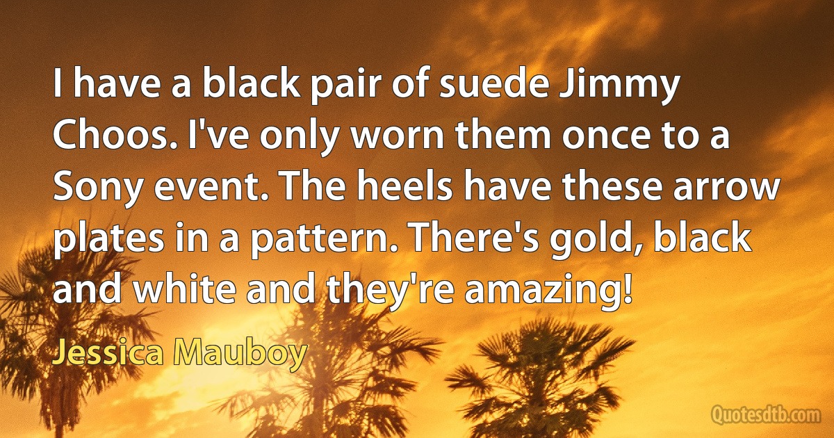 I have a black pair of suede Jimmy Choos. I've only worn them once to a Sony event. The heels have these arrow plates in a pattern. There's gold, black and white and they're amazing! (Jessica Mauboy)