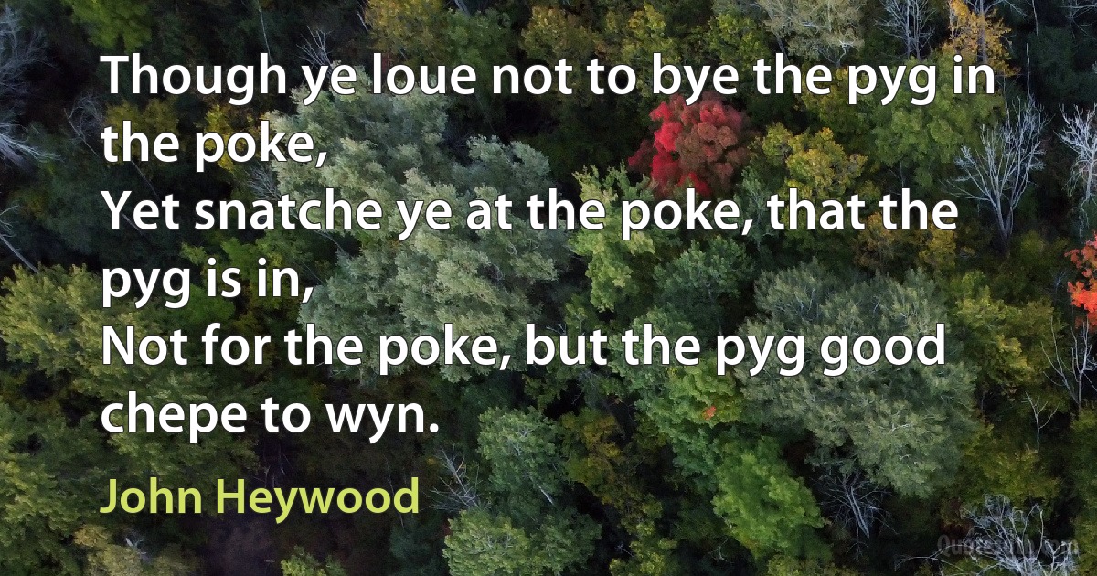 Though ye loue not to bye the pyg in the poke,
Yet snatche ye at the poke, that the pyg is in,
Not for the poke, but the pyg good chepe to wyn. (John Heywood)