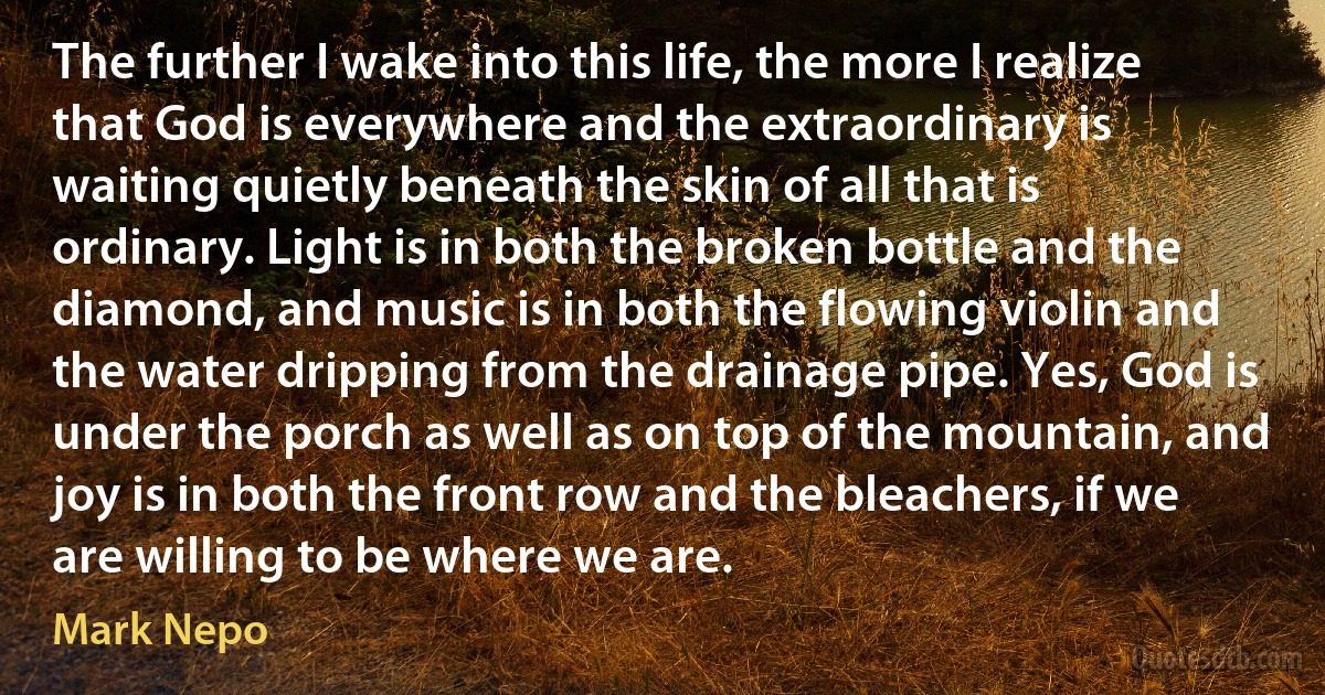 The further I wake into this life, the more I realize that God is everywhere and the extraordinary is waiting quietly beneath the skin of all that is ordinary. Light is in both the broken bottle and the diamond, and music is in both the flowing violin and the water dripping from the drainage pipe. Yes, God is under the porch as well as on top of the mountain, and joy is in both the front row and the bleachers, if we are willing to be where we are. (Mark Nepo)