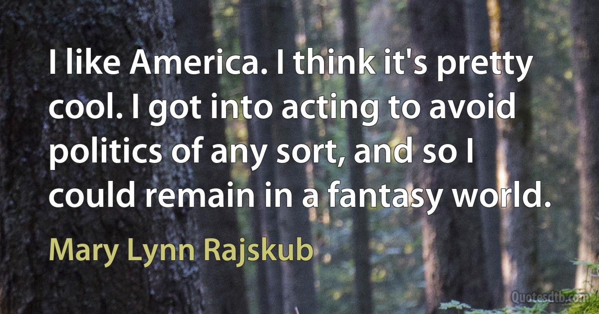 I like America. I think it's pretty cool. I got into acting to avoid politics of any sort, and so I could remain in a fantasy world. (Mary Lynn Rajskub)