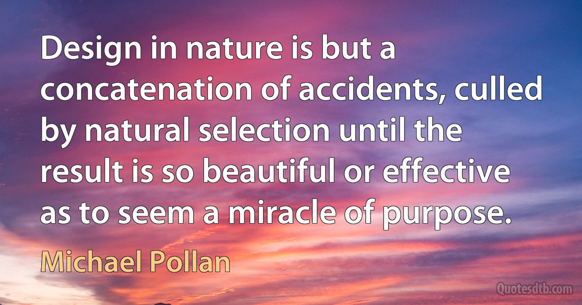 Design in nature is but a concatenation of accidents, culled by natural selection until the result is so beautiful or effective as to seem a miracle of purpose. (Michael Pollan)