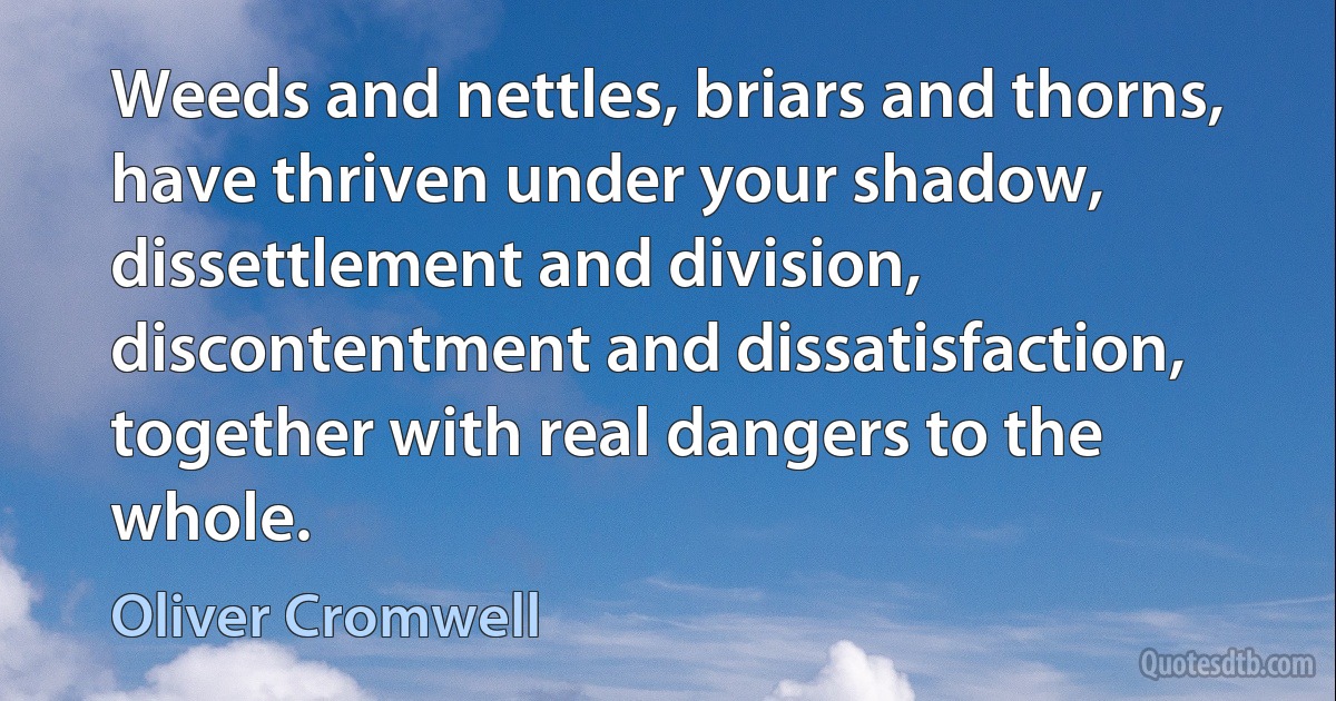 Weeds and nettles, briars and thorns, have thriven under your shadow, dissettlement and division, discontentment and dissatisfaction, together with real dangers to the whole. (Oliver Cromwell)