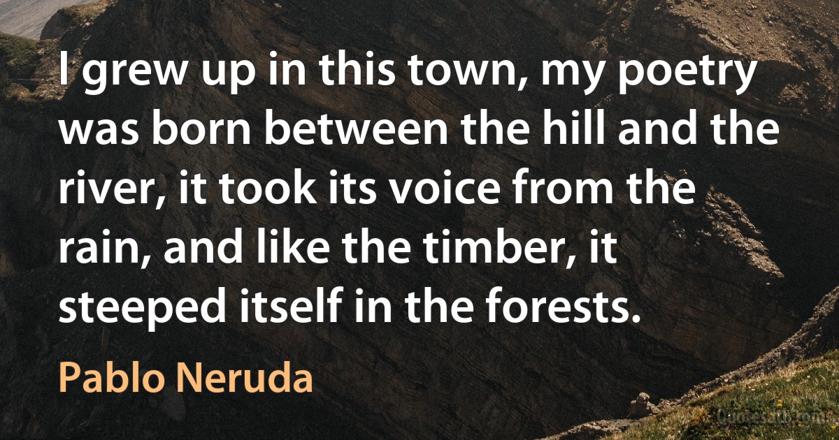 I grew up in this town, my poetry was born between the hill and the river, it took its voice from the rain, and like the timber, it steeped itself in the forests. (Pablo Neruda)