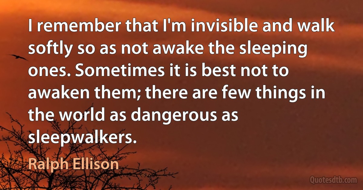 I remember that I'm invisible and walk softly so as not awake the sleeping ones. Sometimes it is best not to awaken them; there are few things in the world as dangerous as sleepwalkers. (Ralph Ellison)