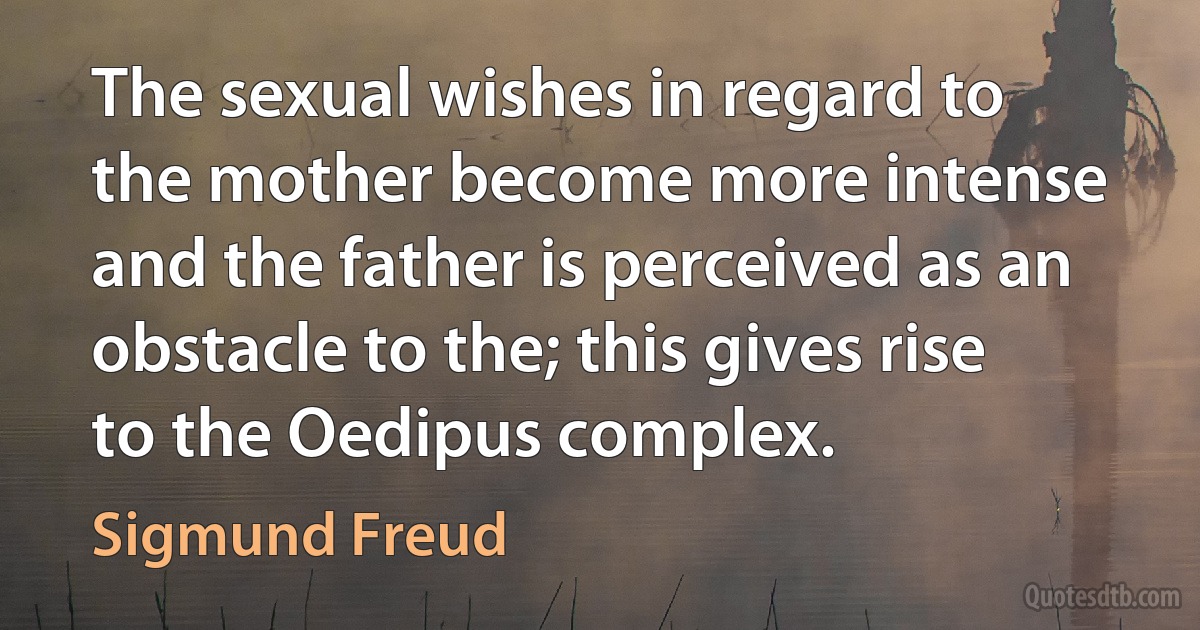 The sexual wishes in regard to the mother become more intense and the father is perceived as an obstacle to the; this gives rise to the Oedipus complex. (Sigmund Freud)