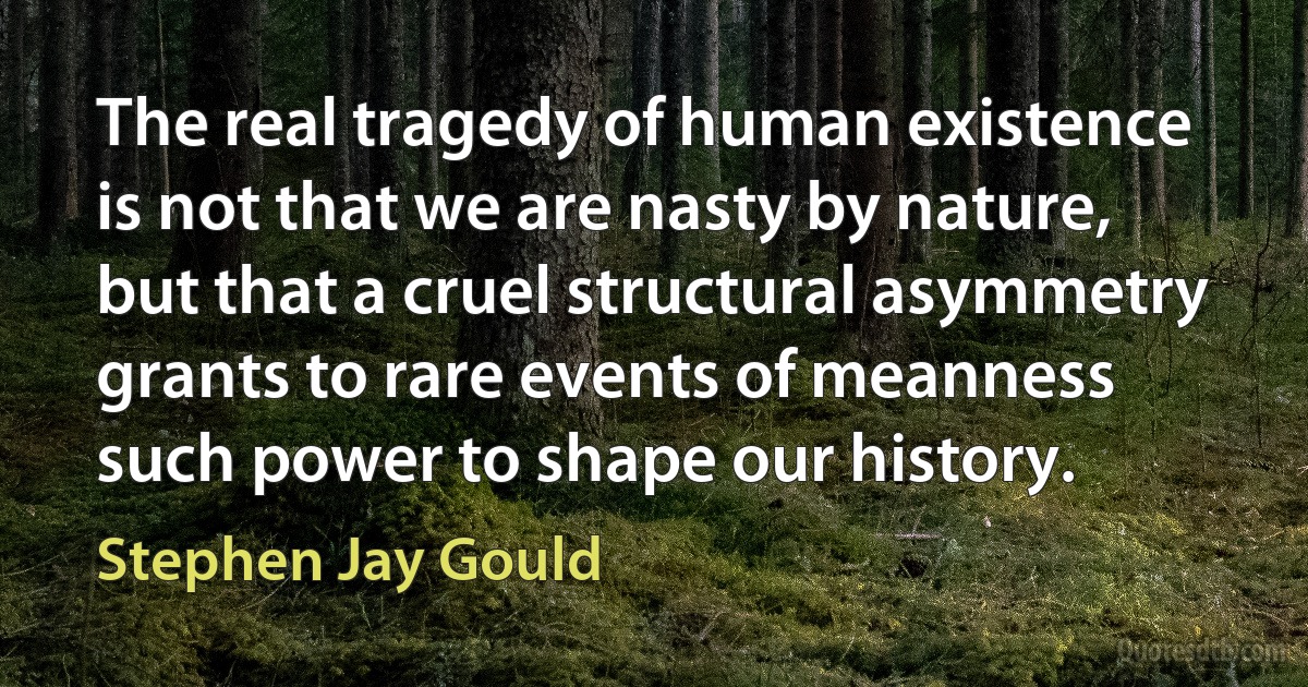 The real tragedy of human existence is not that we are nasty by nature, but that a cruel structural asymmetry grants to rare events of meanness such power to shape our history. (Stephen Jay Gould)