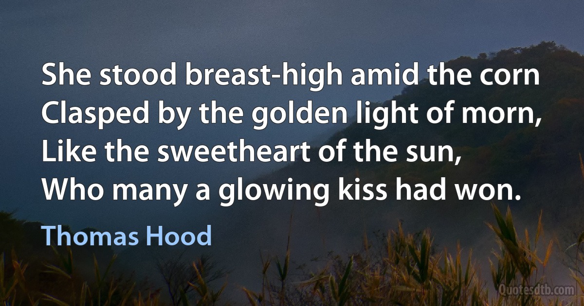 She stood breast-high amid the corn
Clasped by the golden light of morn,
Like the sweetheart of the sun,
Who many a glowing kiss had won. (Thomas Hood)