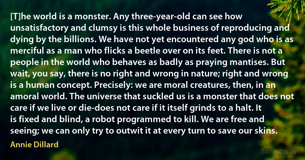 [T]he world is a monster. Any three-year-old can see how unsatisfactory and clumsy is this whole business of reproducing and dying by the billions. We have not yet encountered any god who is as merciful as a man who flicks a beetle over on its feet. There is not a people in the world who behaves as badly as praying mantises. But wait, you say, there is no right and wrong in nature; right and wrong is a human concept. Precisely: we are moral creatures, then, in an amoral world. The universe that suckled us is a monster that does not care if we live or die-does not care if it itself grinds to a halt. It is fixed and blind, a robot programmed to kill. We are free and seeing; we can only try to outwit it at every turn to save our skins. (Annie Dillard)