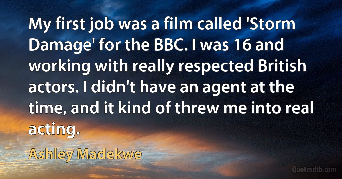 My first job was a film called 'Storm Damage' for the BBC. I was 16 and working with really respected British actors. I didn't have an agent at the time, and it kind of threw me into real acting. (Ashley Madekwe)