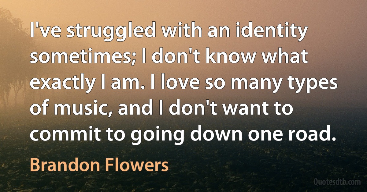 I've struggled with an identity sometimes; I don't know what exactly I am. I love so many types of music, and I don't want to commit to going down one road. (Brandon Flowers)