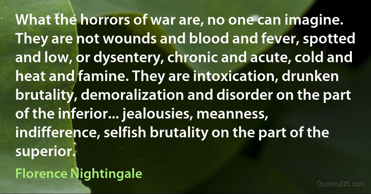 What the horrors of war are, no one can imagine. They are not wounds and blood and fever, spotted and low, or dysentery, chronic and acute, cold and heat and famine. They are intoxication, drunken brutality, demoralization and disorder on the part of the inferior... jealousies, meanness, indifference, selfish brutality on the part of the superior. (Florence Nightingale)