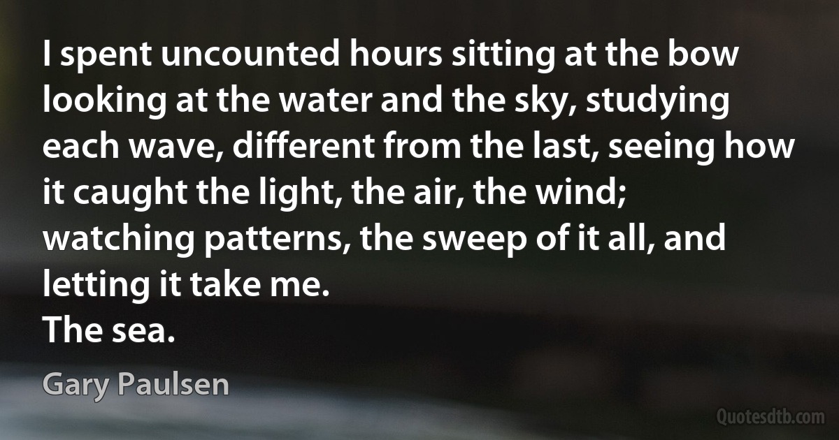 I spent uncounted hours sitting at the bow looking at the water and the sky, studying each wave, different from the last, seeing how it caught the light, the air, the wind; watching patterns, the sweep of it all, and letting it take me.
The sea. (Gary Paulsen)