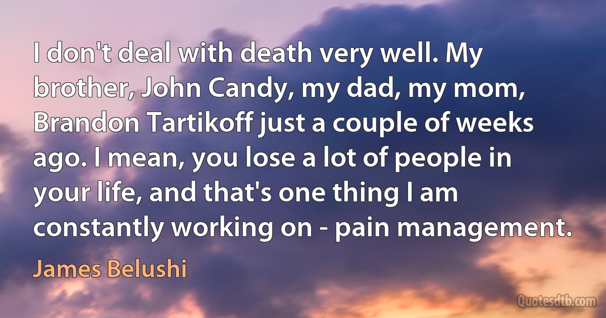 I don't deal with death very well. My brother, John Candy, my dad, my mom, Brandon Tartikoff just a couple of weeks ago. I mean, you lose a lot of people in your life, and that's one thing I am constantly working on - pain management. (James Belushi)