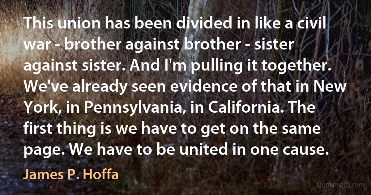 This union has been divided in like a civil war - brother against brother - sister against sister. And I'm pulling it together. We've already seen evidence of that in New York, in Pennsylvania, in California. The first thing is we have to get on the same page. We have to be united in one cause. (James P. Hoffa)