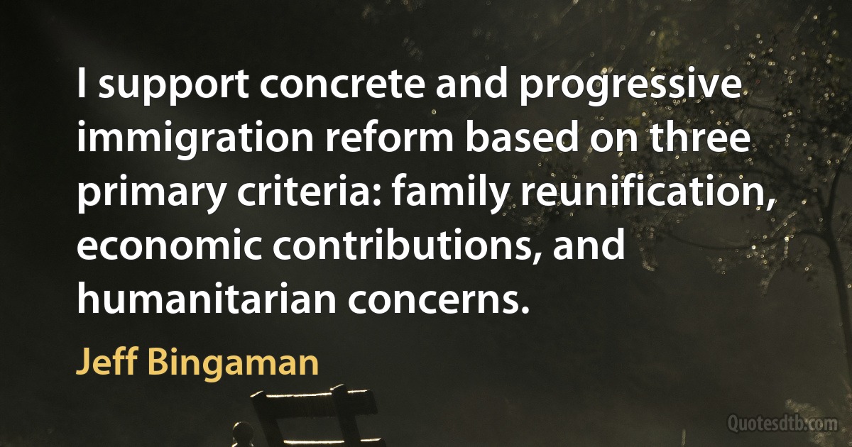 I support concrete and progressive immigration reform based on three primary criteria: family reunification, economic contributions, and humanitarian concerns. (Jeff Bingaman)