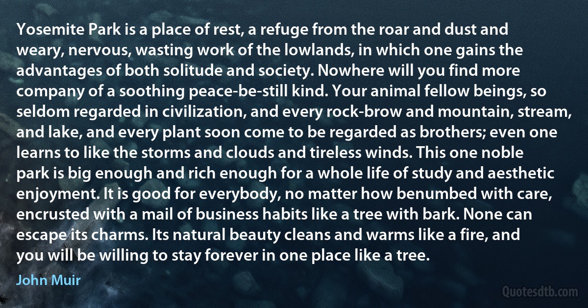 Yosemite Park is a place of rest, a refuge from the roar and dust and weary, nervous, wasting work of the lowlands, in which one gains the advantages of both solitude and society. Nowhere will you find more company of a soothing peace-be-still kind. Your animal fellow beings, so seldom regarded in civilization, and every rock-brow and mountain, stream, and lake, and every plant soon come to be regarded as brothers; even one learns to like the storms and clouds and tireless winds. This one noble park is big enough and rich enough for a whole life of study and aesthetic enjoyment. It is good for everybody, no matter how benumbed with care, encrusted with a mail of business habits like a tree with bark. None can escape its charms. Its natural beauty cleans and warms like a fire, and you will be willing to stay forever in one place like a tree. (John Muir)