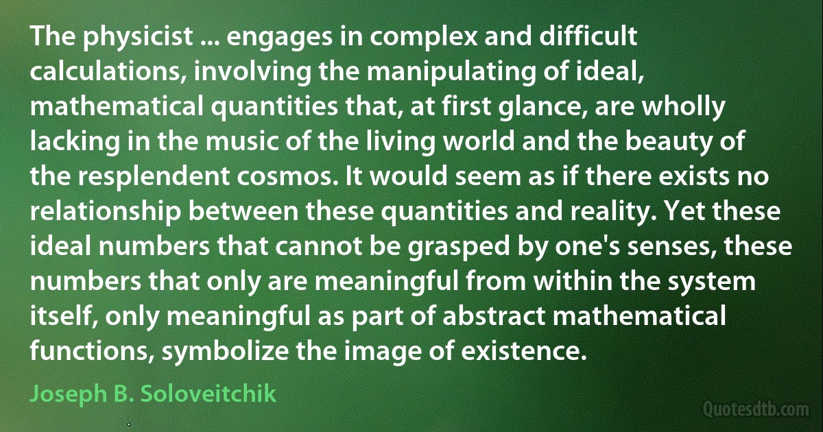 The physicist ... engages in complex and difficult calculations, involving the manipulating of ideal, mathematical quantities that, at first glance, are wholly lacking in the music of the living world and the beauty of the resplendent cosmos. It would seem as if there exists no relationship between these quantities and reality. Yet these ideal numbers that cannot be grasped by one's senses, these numbers that only are meaningful from within the system itself, only meaningful as part of abstract mathematical functions, symbolize the image of existence. (Joseph B. Soloveitchik)