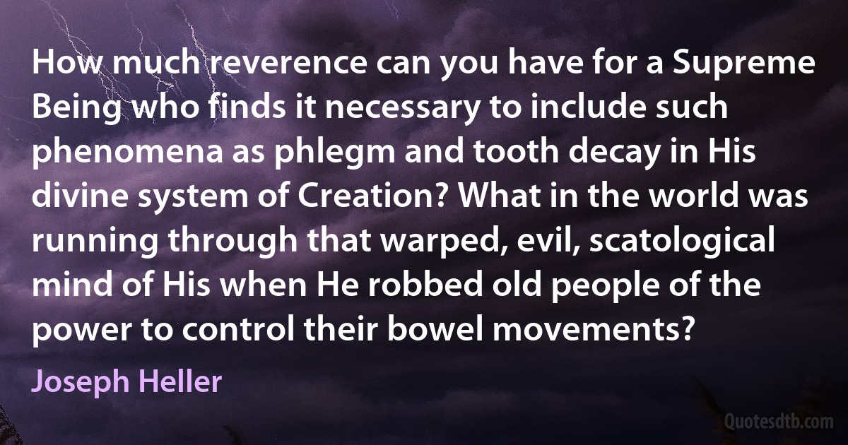 How much reverence can you have for a Supreme Being who finds it necessary to include such phenomena as phlegm and tooth decay in His divine system of Creation? What in the world was running through that warped, evil, scatological mind of His when He robbed old people of the power to control their bowel movements? (Joseph Heller)