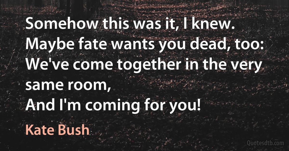 Somehow this was it, I knew.
Maybe fate wants you dead, too:
We've come together in the very same room,
And I'm coming for you! (Kate Bush)