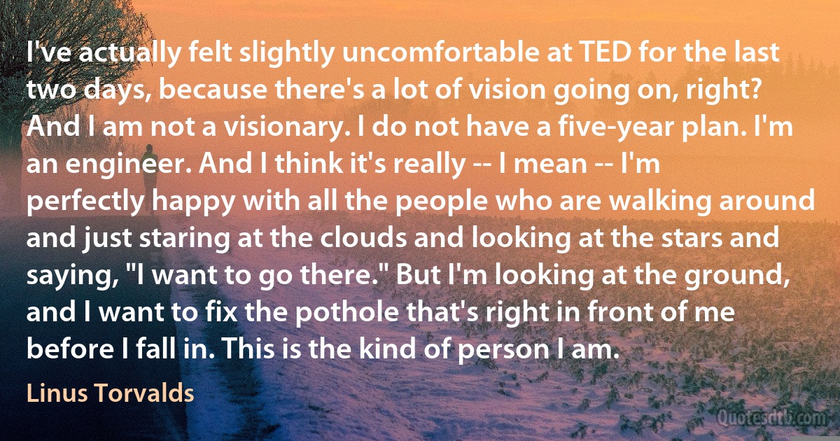 I've actually felt slightly uncomfortable at TED for the last two days, because there's a lot of vision going on, right? And I am not a visionary. I do not have a five-year plan. I'm an engineer. And I think it's really -- I mean -- I'm perfectly happy with all the people who are walking around and just staring at the clouds and looking at the stars and saying, "I want to go there." But I'm looking at the ground, and I want to fix the pothole that's right in front of me before I fall in. This is the kind of person I am. (Linus Torvalds)