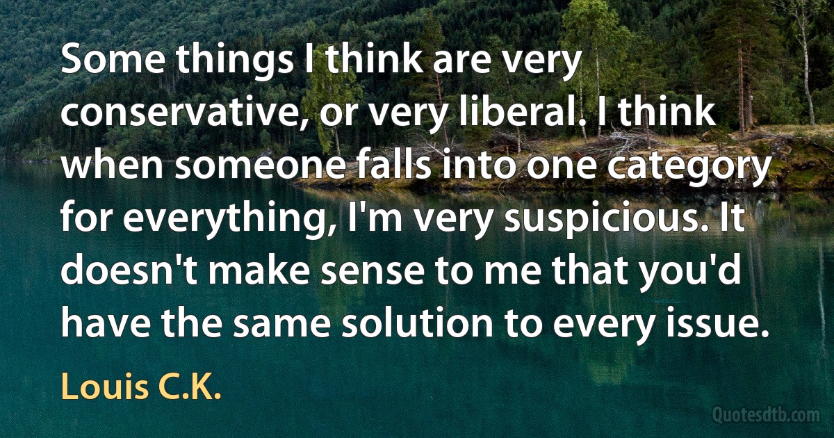 Some things I think are very conservative, or very liberal. I think when someone falls into one category for everything, I'm very suspicious. It doesn't make sense to me that you'd have the same solution to every issue. (Louis C.K.)