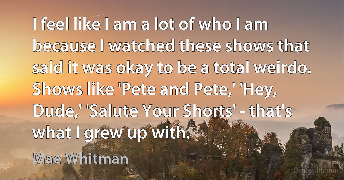 I feel like I am a lot of who I am because I watched these shows that said it was okay to be a total weirdo. Shows like 'Pete and Pete,' 'Hey, Dude,' 'Salute Your Shorts' - that's what I grew up with. (Mae Whitman)