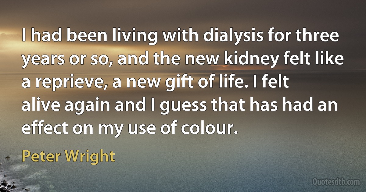 I had been living with dialysis for three years or so, and the new kidney felt like a reprieve, a new gift of life. I felt alive again and I guess that has had an effect on my use of colour. (Peter Wright)