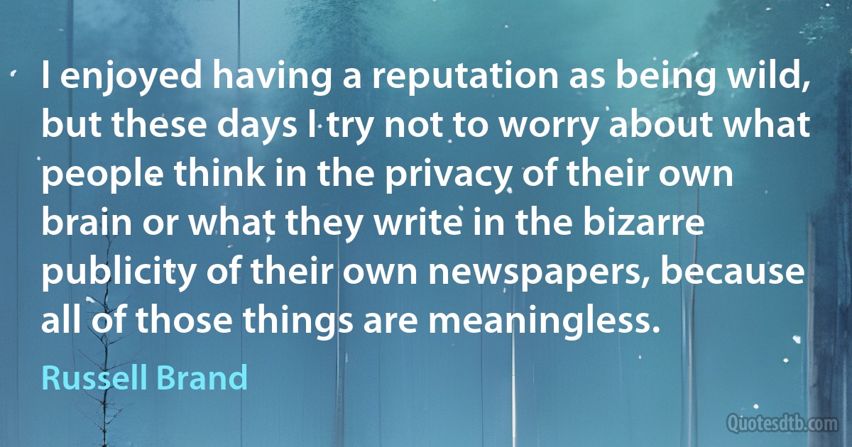 I enjoyed having a reputation as being wild, but these days I try not to worry about what people think in the privacy of their own brain or what they write in the bizarre publicity of their own newspapers, because all of those things are meaningless. (Russell Brand)