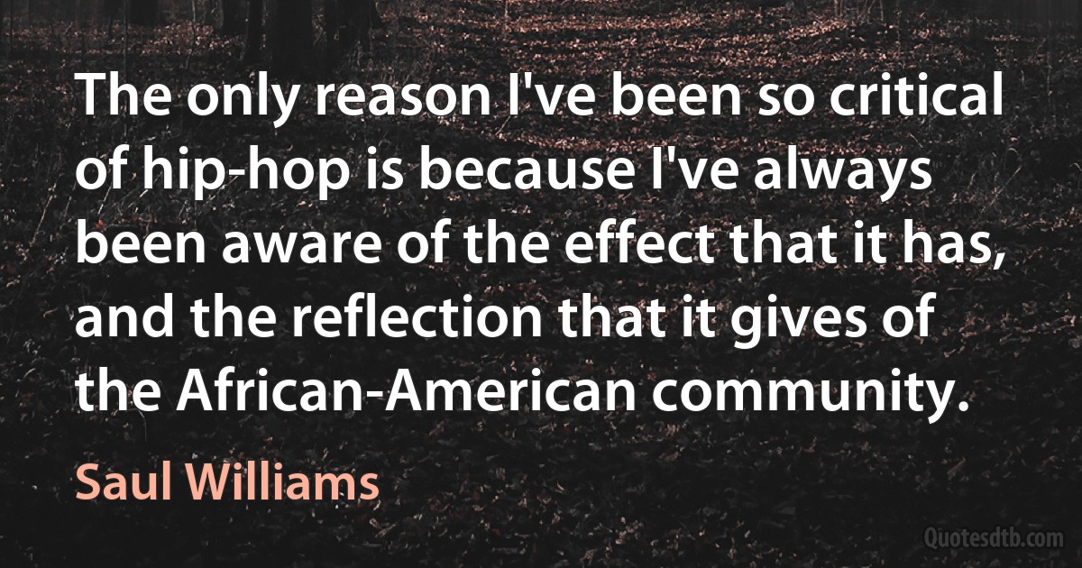 The only reason I've been so critical of hip-hop is because I've always been aware of the effect that it has, and the reflection that it gives of the African-American community. (Saul Williams)