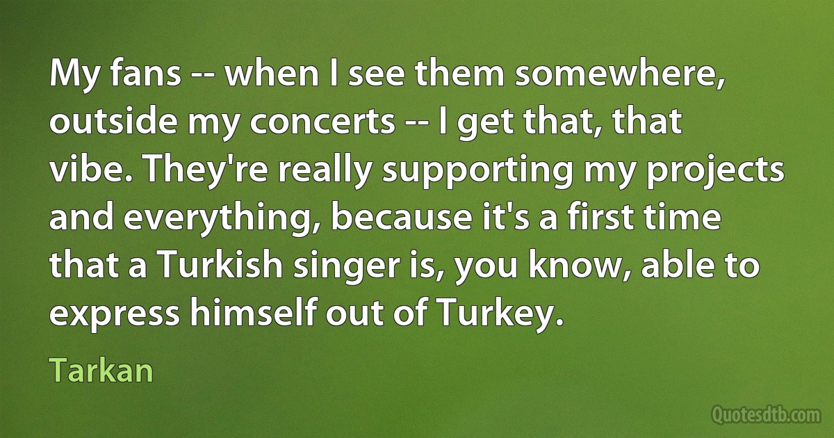 My fans -- when I see them somewhere, outside my concerts -- I get that, that vibe. They're really supporting my projects and everything, because it's a first time that a Turkish singer is, you know, able to express himself out of Turkey. (Tarkan)