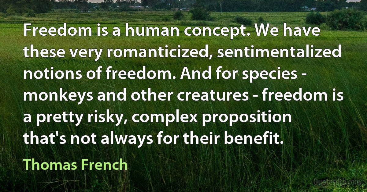 Freedom is a human concept. We have these very romanticized, sentimentalized notions of freedom. And for species - monkeys and other creatures - freedom is a pretty risky, complex proposition that's not always for their benefit. (Thomas French)