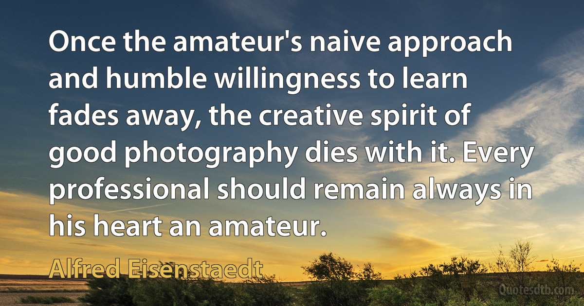 Once the amateur's naive approach and humble willingness to learn fades away, the creative spirit of good photography dies with it. Every professional should remain always in his heart an amateur. (Alfred Eisenstaedt)