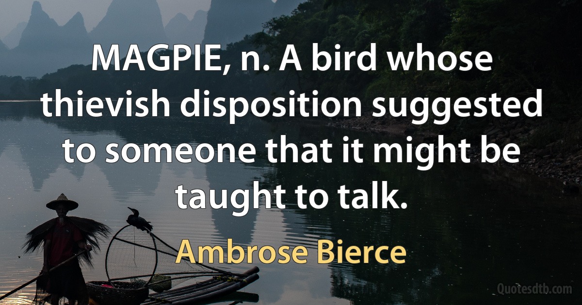 MAGPIE, n. A bird whose thievish disposition suggested to someone that it might be taught to talk. (Ambrose Bierce)