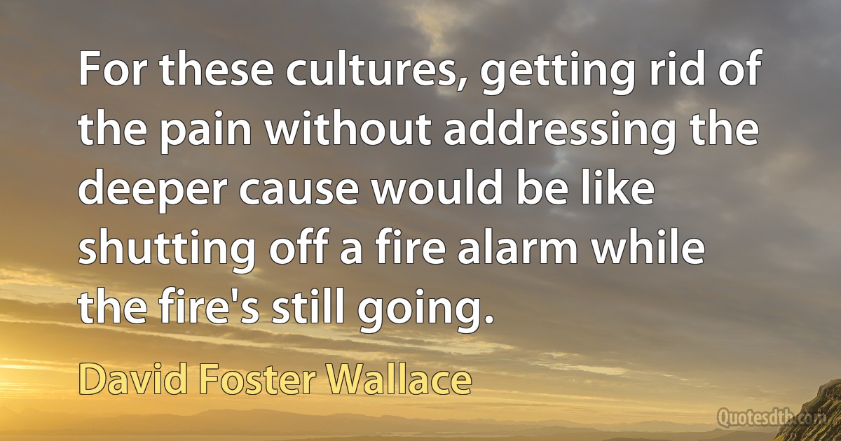 For these cultures, getting rid of the pain without addressing the deeper cause would be like shutting off a fire alarm while the fire's still going. (David Foster Wallace)