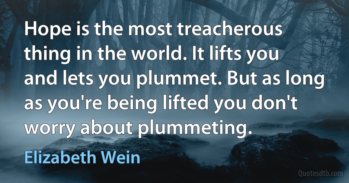 Hope is the most treacherous thing in the world. It lifts you and lets you plummet. But as long as you're being lifted you don't worry about plummeting. (Elizabeth Wein)