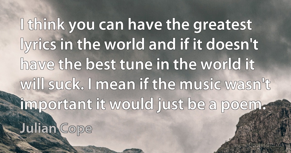 I think you can have the greatest lyrics in the world and if it doesn't have the best tune in the world it will suck. I mean if the music wasn't important it would just be a poem. (Julian Cope)