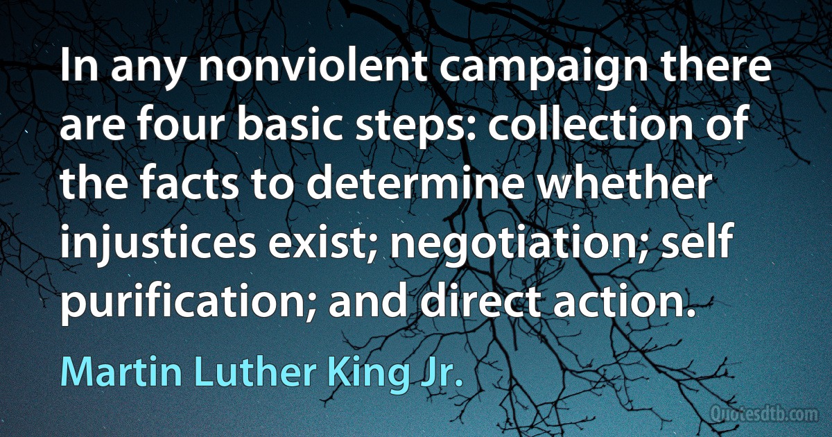 In any nonviolent campaign there are four basic steps: collection of the facts to determine whether injustices exist; negotiation; self purification; and direct action. (Martin Luther King Jr.)