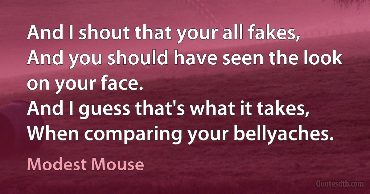 And I shout that your all fakes,
And you should have seen the look on your face.
And I guess that's what it takes,
When comparing your bellyaches. (Modest Mouse)